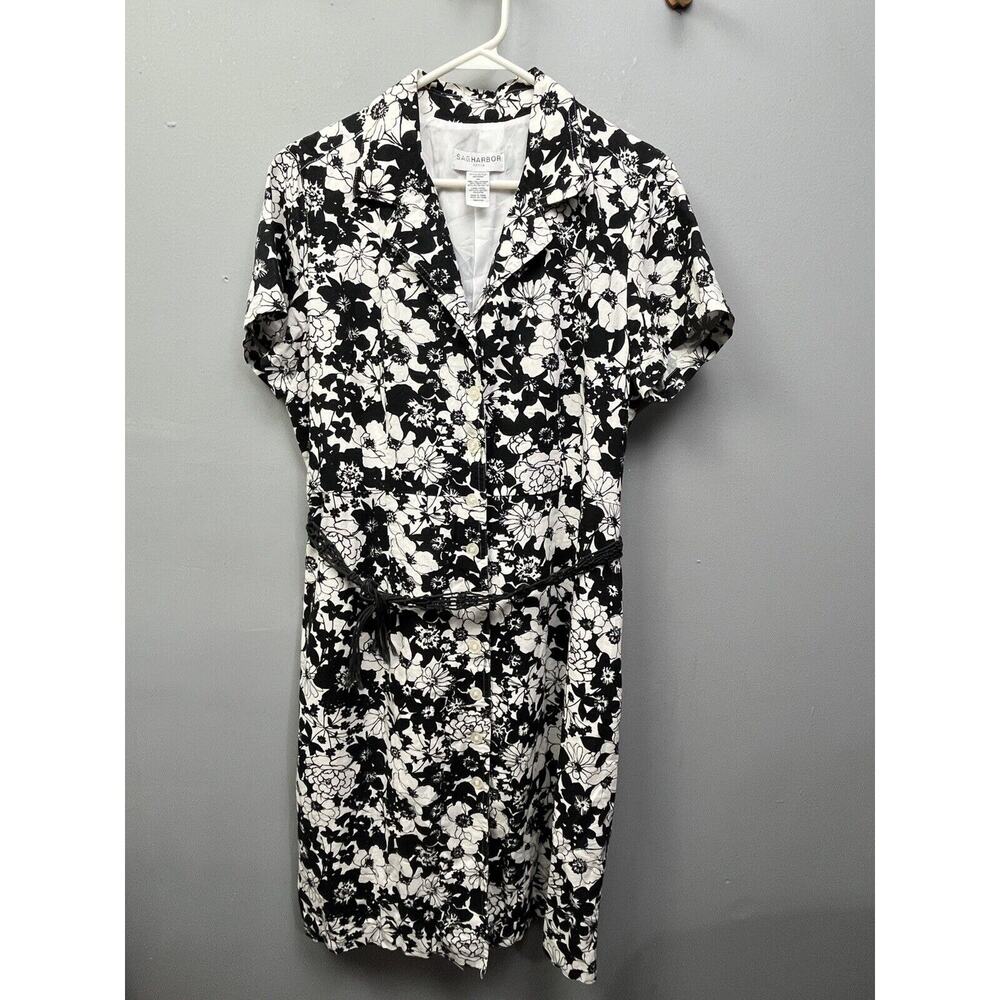 Sag Harbor Dress Womens‎ Size 14P Black White Linen Blend Button Front Floral